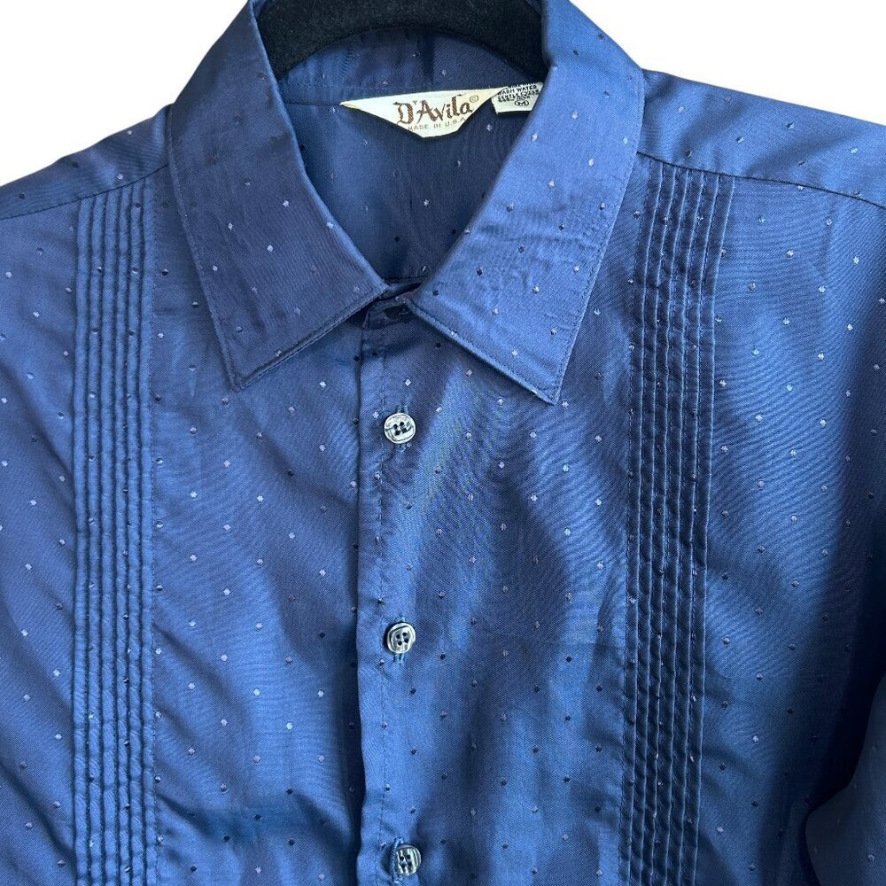 D'Avila Men's Vintage 70s Blue Polka Dot Pleat Front Disco Shirt Size Medium